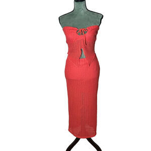 Coral Crochet 2 Piece Set Strapless Tie Front Top & Maxi Skirt Slit - Small